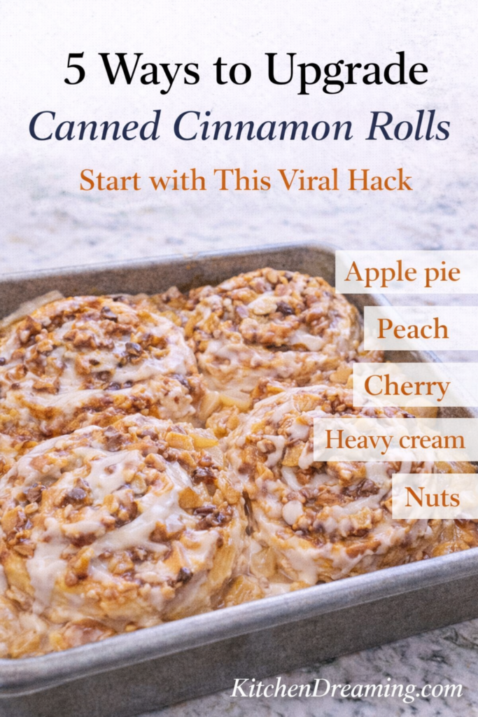 TikTok Cinnamon Roll Hack with Apple Pie Filling (Viral & Easy!) 10 Guide showing ways to upgrade canned cinnamon rolls using the TikTok cinnamon roll hack with apple pie filling, heavy cream, and optional toppings for a gooey cinnamon roll hack recipe.