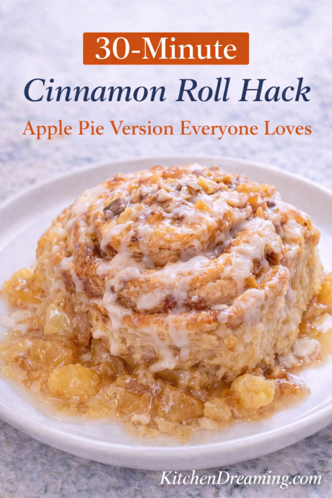TikTok Cinnamon Roll Hack with Apple Pie Filling (Viral & Easy!) 11 Plated TikTok cinnamon roll hack with apple pie filling and icing, showing a gooey apple pie cinnamon roll hack recipe made from canned cinnamon rolls.