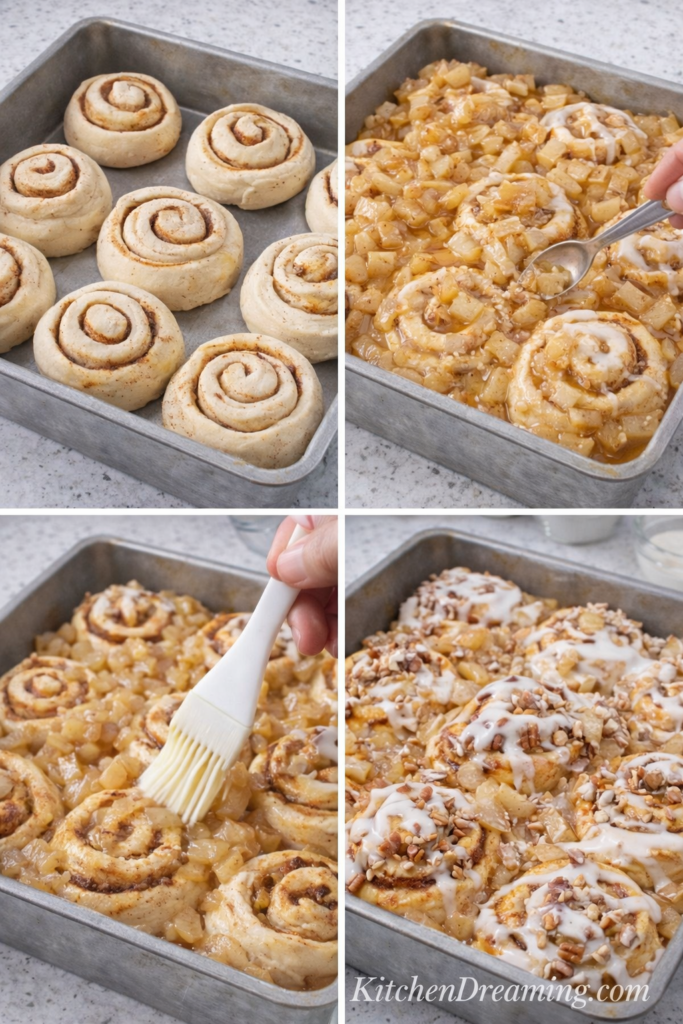 TikTok Cinnamon Roll Hack with Apple Pie Filling (Viral & Easy!) 2 4-step collage showing TikTok cinnamon roll hack recipe with canned cinnamon rolls, apple pie filling, heavy cream, baking, and icing.