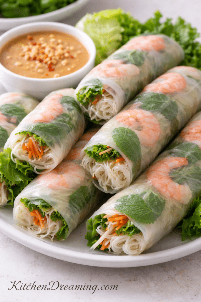 Vietnamese summer rolls (gỏi cuốn) fresh spring rolls with shrimp, rice vermicelli noodles, mint, cilantro, and peanut dipping sauce.