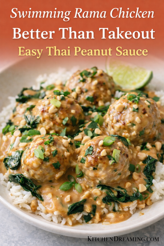 Swimming Rama Chicken Meatballs Better Than Takeout 8 Swimming rama chicken meatballs in creamy Thai peanut sauce over rice and spinach, an easy chicken rama recipe that tastes better than takeout.