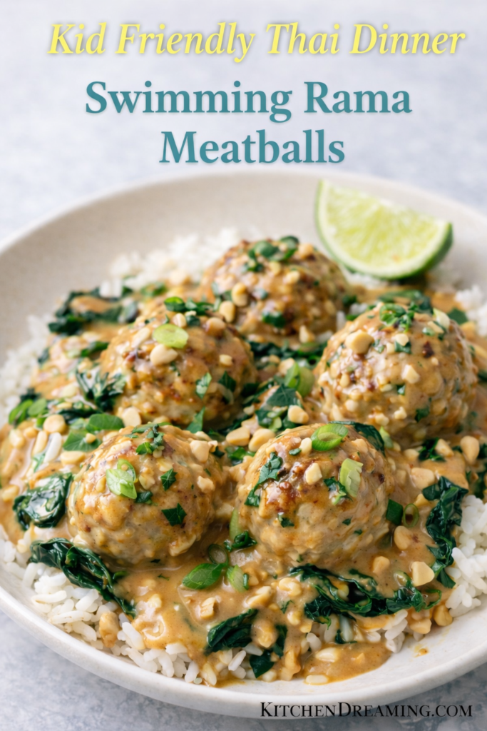 Swimming Rama Chicken Meatballs Better Than Takeout 9 Kid friendly swimming rama chicken meatballs served over rice and spinach with creamy Thai peanut sauce and green onions.