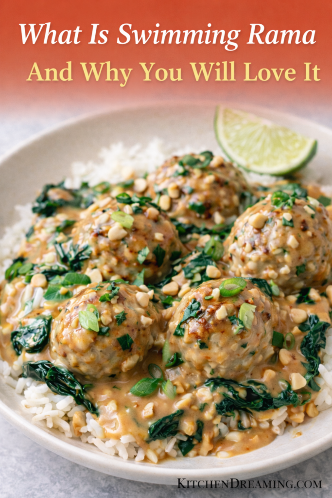 Swimming Rama Chicken Meatballs Better Than Takeout 10 Swimming rama chicken meatballs with Thai peanut sauce over rice and spinach, also known as chicken rama or rama chicken recipe.