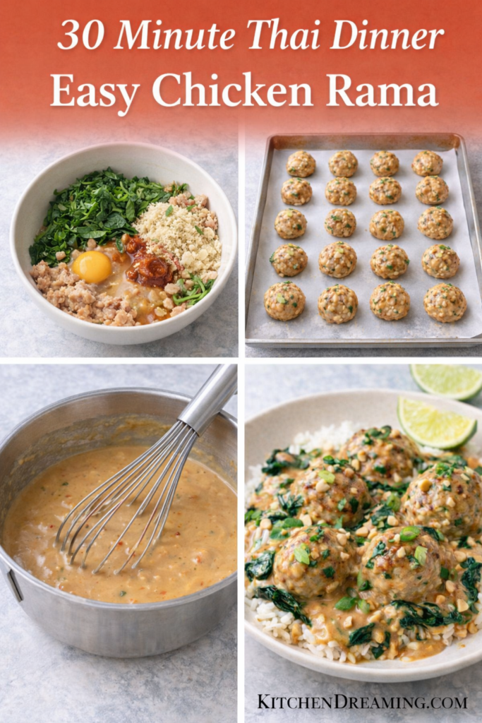 Swimming Rama Chicken Meatballs Better Than Takeout 11 Step by step collage showing swimming rama chicken meatballs being mixed, baked, and finished in creamy Thai peanut sauce for an easy chicken rama recipe.