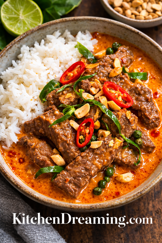 Beef panang curry served with jasmine rice, red chiles, kaffir lime leaves, and peanuts in a rustic bowl.