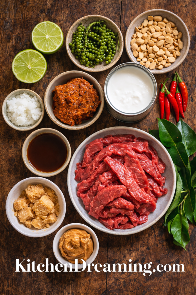 Beef Panang Curry Recipe (Creamy Thai Coconut Curry) 2 Ingredients for beef panang curry arranged overhead, including beef, coconut milk, curry paste, peanuts, and kaffir lime leaves.