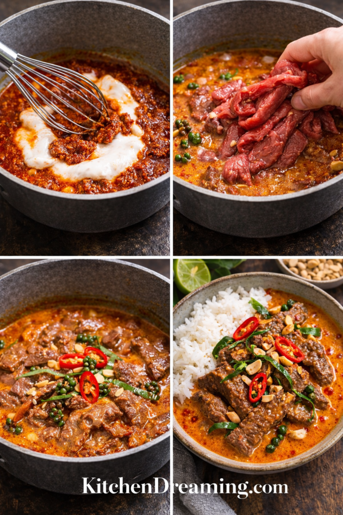 Beef Panang Curry Recipe (Creamy Thai Coconut Curry) 3 Step-by-step collage showing how to make beef panang curry, from cooking the curry paste to plating the finished dish.