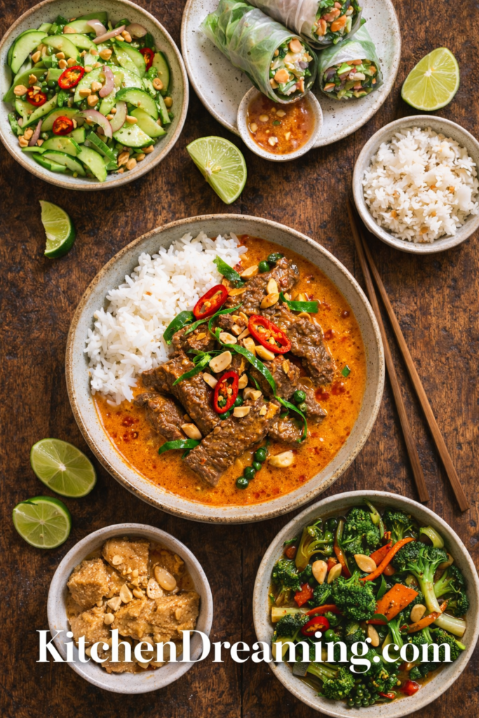 Beef Panang Curry Recipe (Creamy Thai Coconut Curry) 4 Beef panang curry served with rice, cucumber salad, spring rolls, and vegetables in an overhead meal spread.