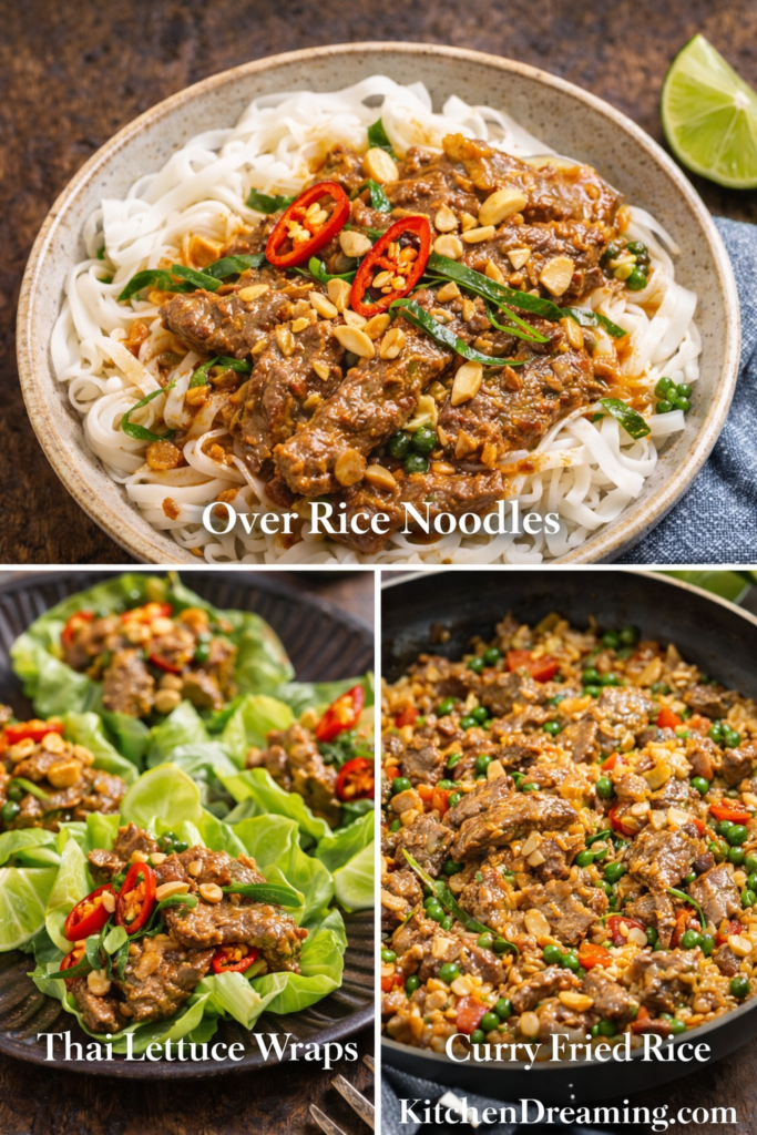 Beef Panang Curry Recipe (Creamy Thai Coconut Curry) 5 Leftover beef panang curry repurposed into rice noodles, lettuce wraps, and curry fried rice in a collage.