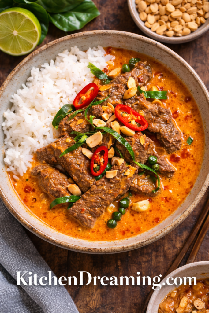 Beef Panang Curry Recipe (Creamy Thai Coconut Curry) 6 Overhead texture shot of beef panang curry with rice, red chiles, peanuts, and kaffir lime leaves.