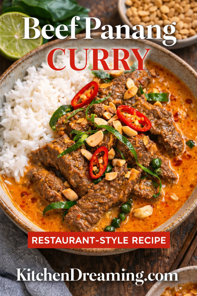 Beef Panang Curry Recipe (Creamy Thai Coconut Curry) 8 Beef panang curry served with jasmine rice, red chiles, peanuts, and kaffir lime leaves.