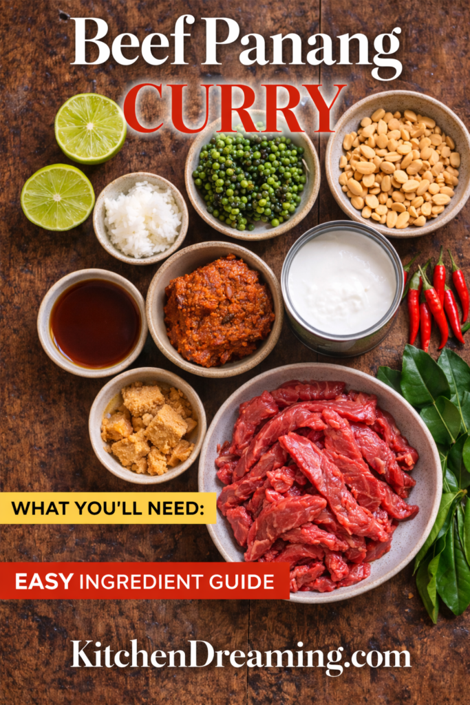 Beef Panang Curry Recipe (Creamy Thai Coconut Curry) 9 Ingredients for beef panang curry including sliced beef, coconut milk, curry paste, peanuts, and kaffir lime leaves.