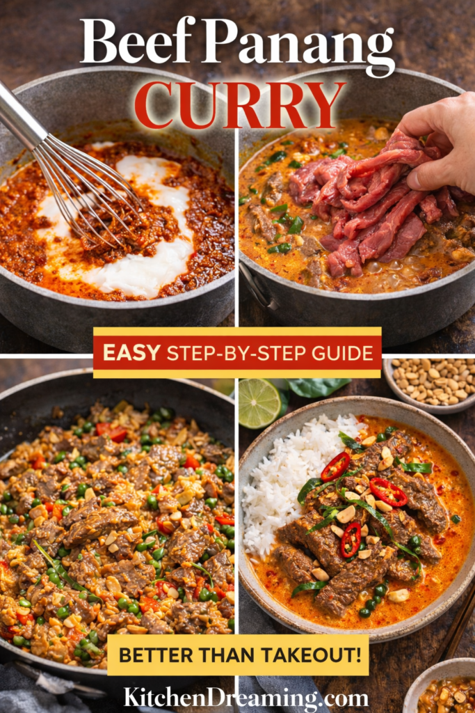Beef Panang Curry Recipe (Creamy Thai Coconut Curry) 10 Step-by-step cooking process for beef panang curry from curry paste to finished dish.