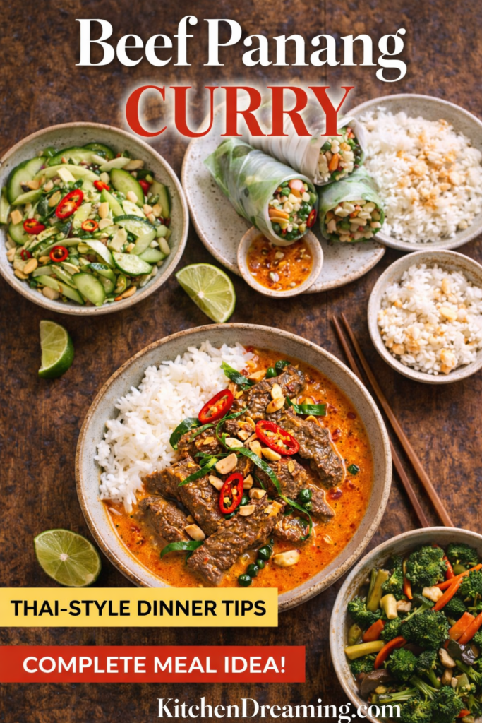 Beef Panang Curry Recipe (Creamy Thai Coconut Curry) 11 Beef panang curry served with rice, cucumber salad, spring rolls, and vegetables.