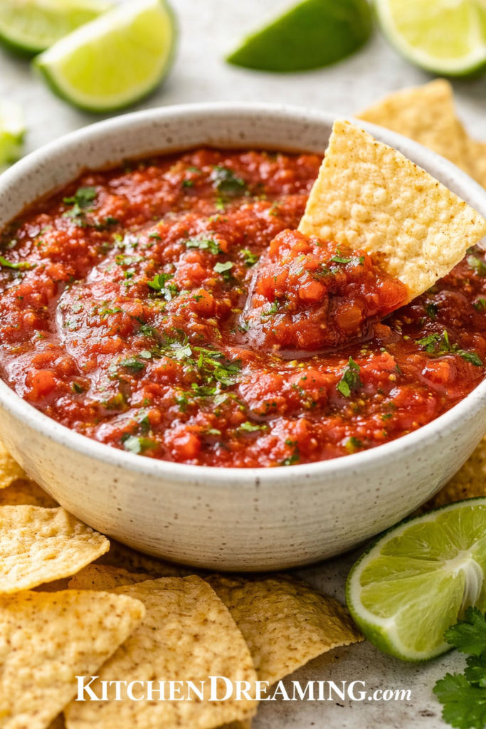 Easy Blender Salsa Recipe (Restaurant Style Salsa in 5 Minutes) 1 Blender salsa recipe in a ceramic bowl with tortilla chips and lime wedges.