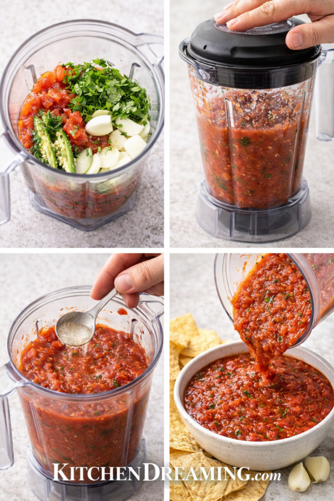 Easy Blender Salsa Recipe (Restaurant Style Salsa in 5 Minutes) 3 Blender salsa recipe steps shown in a four-panel action collage.