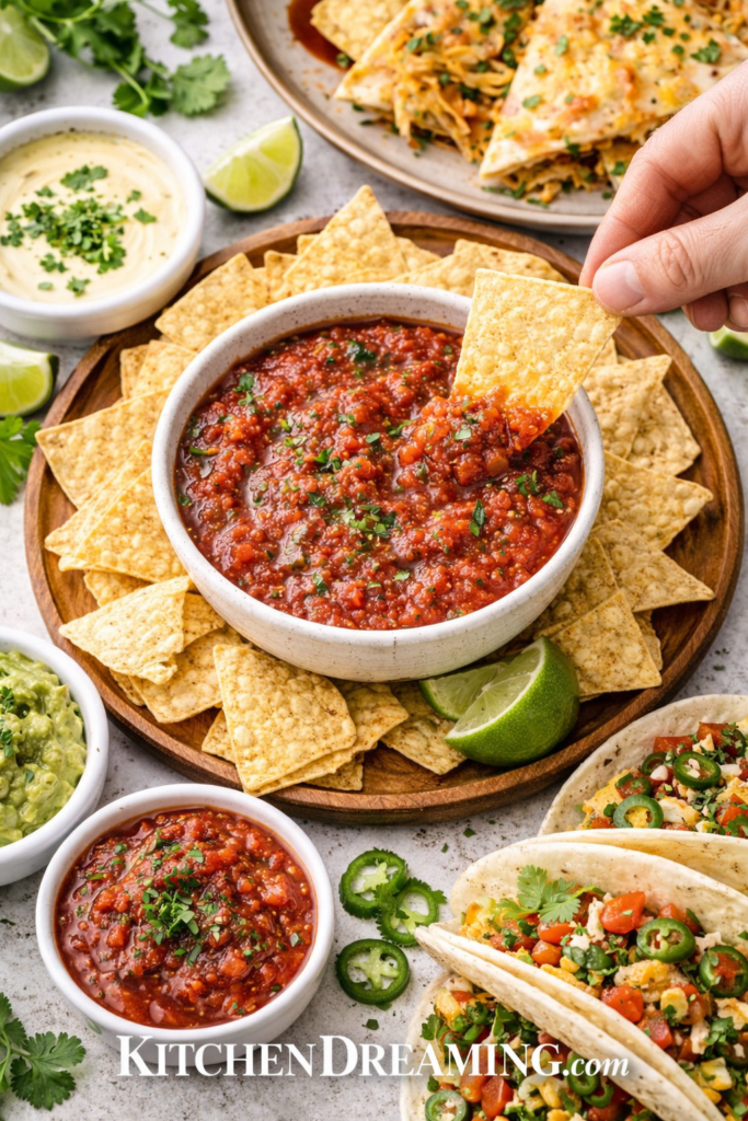 Easy Blender Salsa Recipe (Restaurant Style Salsa in 5 Minutes) 4 Blender salsa recipe served with tortilla chips, tacos, and dips in an overhead flat lay.