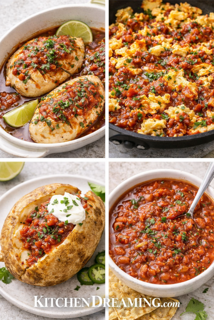 Easy Blender Salsa Recipe (Restaurant Style Salsa in 5 Minutes) 5 Blender salsa recipe leftovers repurposed in a four-image collage.