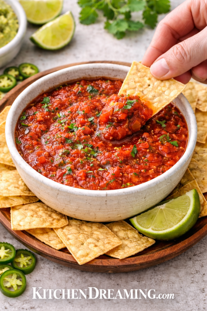 Easy Blender Salsa Recipe (Restaurant Style Salsa in 5 Minutes) 6 Blender salsa recipe overhead texture shot with tortilla chips and lime.