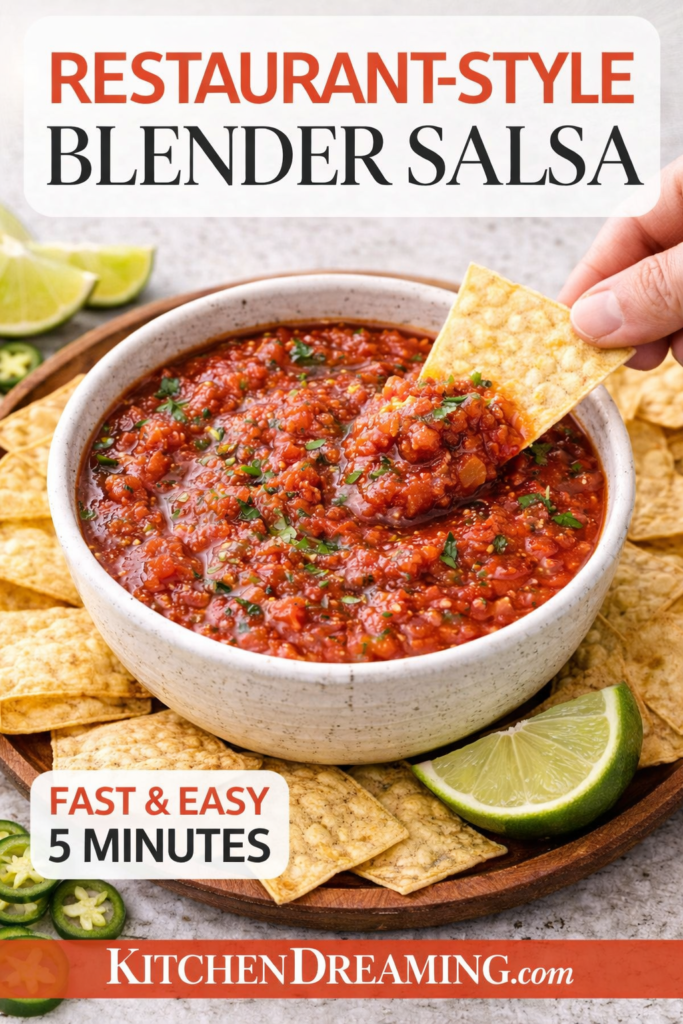 Easy Blender Salsa Recipe (Restaurant Style Salsa in 5 Minutes) 9 Blender salsa recipe served in a bowl with tortilla chips and lime wedges.