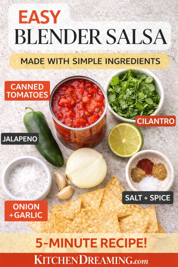 Easy Blender Salsa Recipe (Restaurant Style Salsa in 5 Minutes) 10 Blender salsa recipe ingredients arranged in an overhead flat lay.