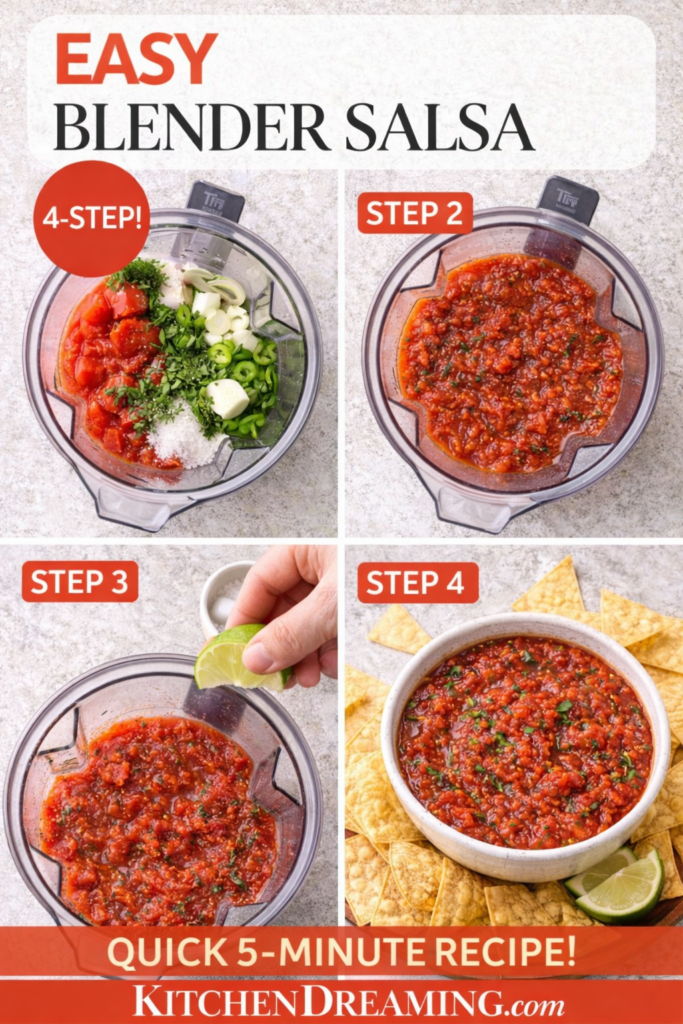 Easy Blender Salsa Recipe (Restaurant Style Salsa in 5 Minutes) 11 Blender salsa recipe steps shown in a four-step collage.