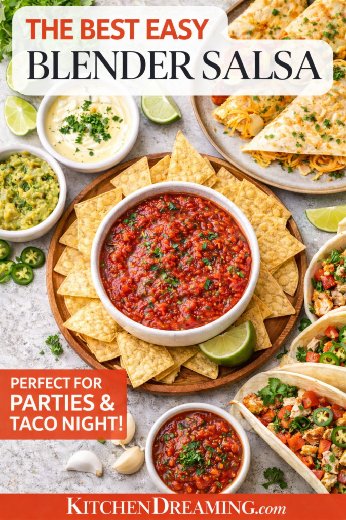 Easy Blender Salsa Recipe (Restaurant Style Salsa in 5 Minutes) 12 Blender salsa recipe served with tacos, chips, and Mexican appetizers.