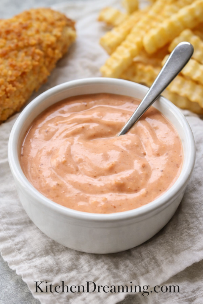 Zax sauce recipe in a white bowl with chicken tenders and crinkle fries.