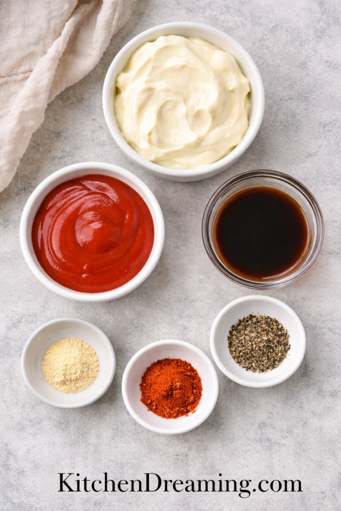 Copycat Zax Sauce Recipe (Easy Homemade Zaxby’s Dipping Sauce) 2 Zax sauce recipe ingredients arranged overhead in small bowls on a light surface.
