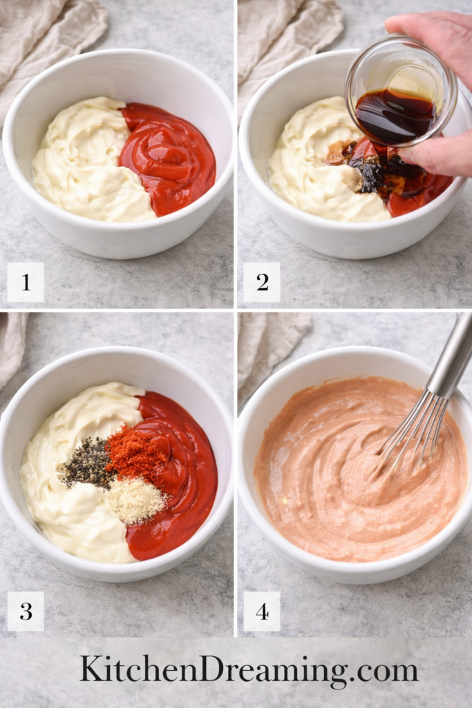 Copycat Zax Sauce Recipe (Easy Homemade Zaxby’s Dipping Sauce) 3 Zax sauce recipe step-by-step collage showing mixing, seasoning, and whisking.