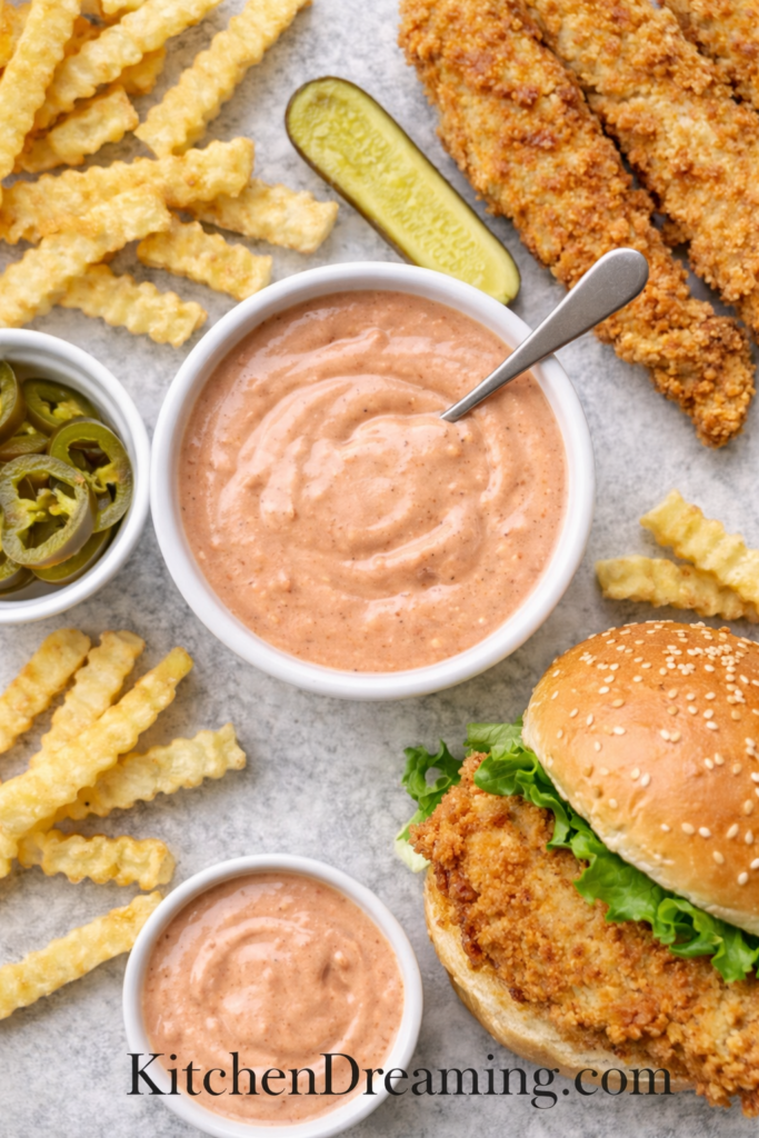 Copycat Zax Sauce Recipe (Easy Homemade Zaxby’s Dipping Sauce) 4 Zax sauce recipe served with chicken tenders, fries, and sandwich overhead.