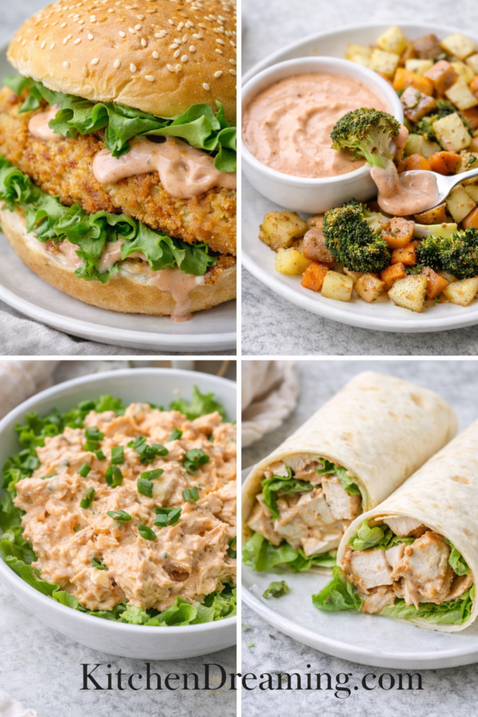 Copycat Zax Sauce Recipe (Easy Homemade Zaxby’s Dipping Sauce) 5 Zax sauce recipe used in sandwich, vegetables, chicken salad, and wrap collage.