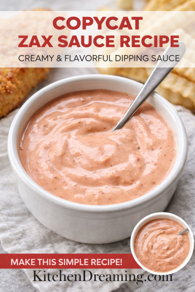 Copycat Zax Sauce Recipe (Easy Homemade Zaxby’s Dipping Sauce) 9 Zax sauce recipe in a bowl served with chicken tenders and fries.