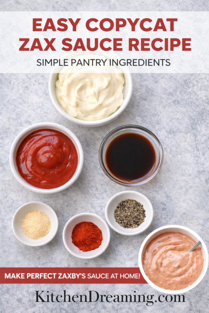 Copycat Zax Sauce Recipe (Easy Homemade Zaxby’s Dipping Sauce) 10 Zax sauce recipe ingredients including mayo ketchup Worcestershire and spices.