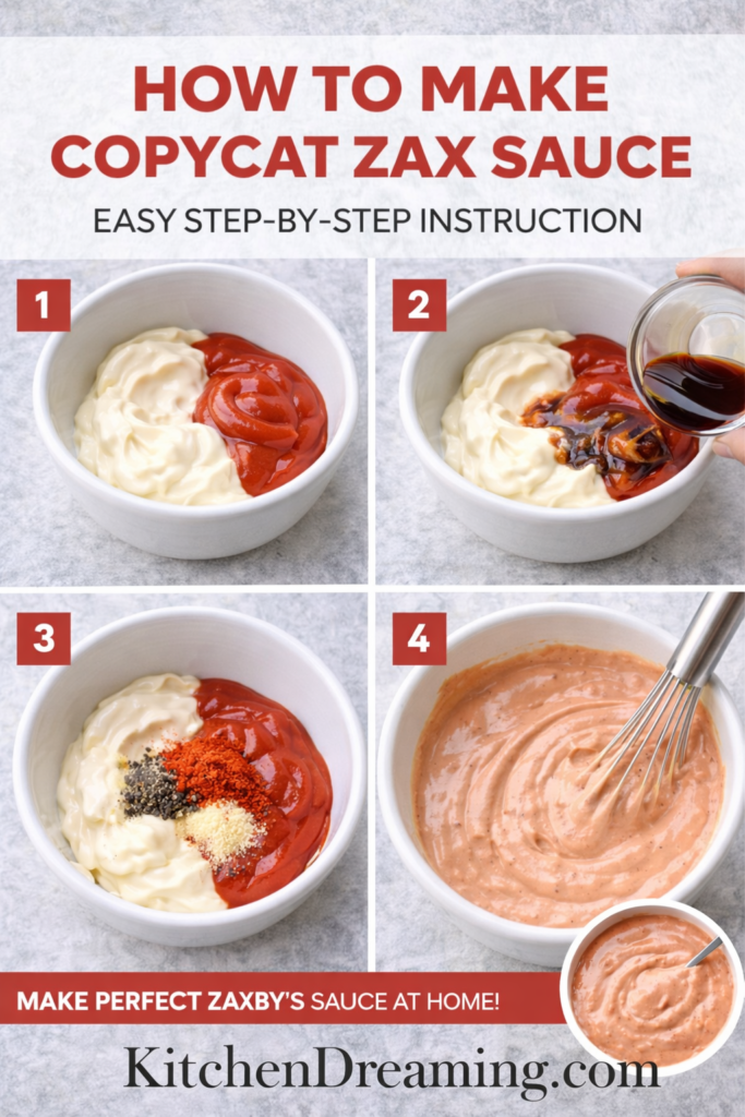 Copycat Zax Sauce Recipe (Easy Homemade Zaxby’s Dipping Sauce) 11 Zax sauce recipe step by step collage showing how to mix the sauce.