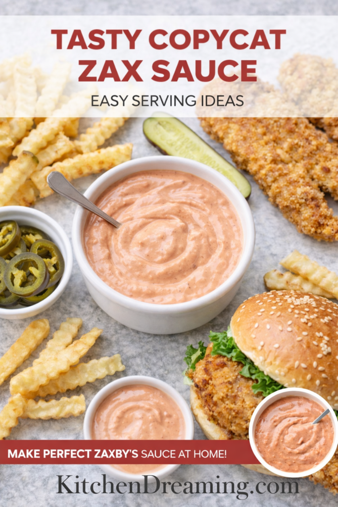Copycat Zax Sauce Recipe (Easy Homemade Zaxby’s Dipping Sauce) 12 Zax sauce recipe served with chicken tenders fries and sandwich.