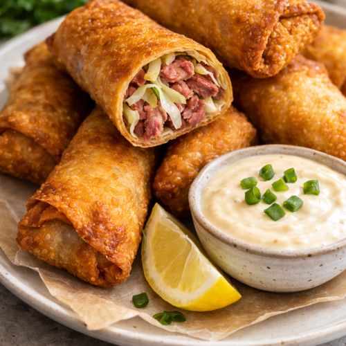 Crispy Corned Beef Egg Rolls served with creamy horseradish dipping sauce.