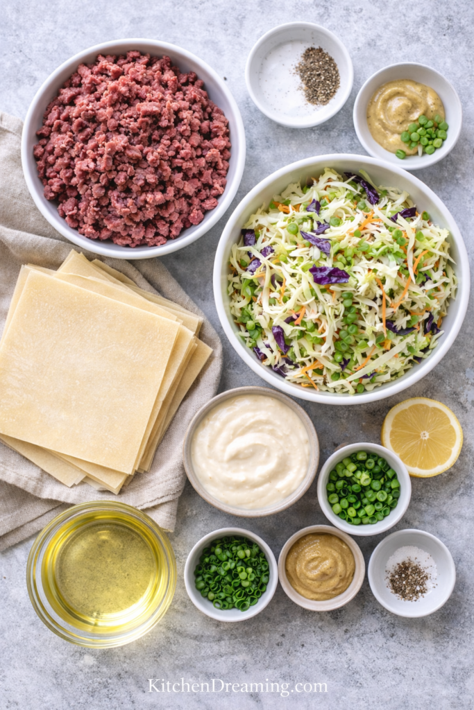 Crispy Corned Beef Egg Rolls with Creamy Horseradish Sauce 2 Ingredients for Corned Beef Egg Rolls arranged in an overhead flat lay.