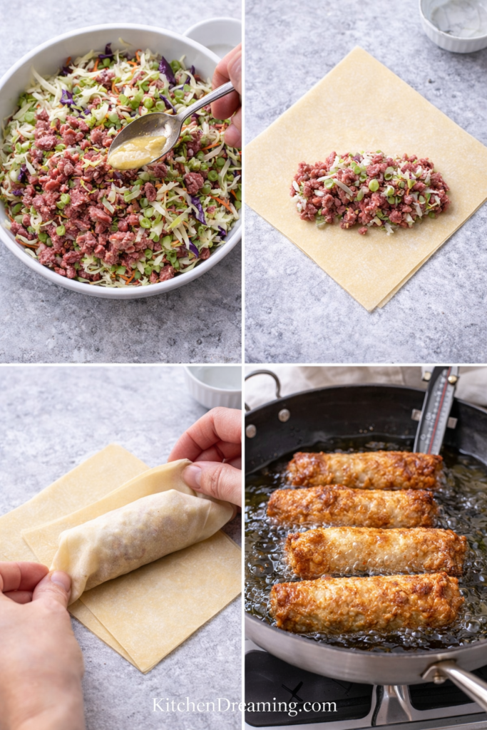 Crispy Corned Beef Egg Rolls with Creamy Horseradish Sauce 3 Step-by-step process of making Corned Beef Egg Rolls from filling to frying.