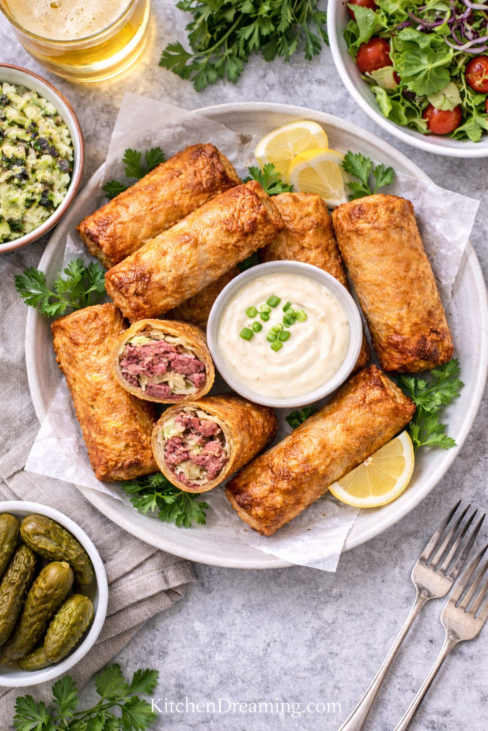 Crispy Corned Beef Egg Rolls with Creamy Horseradish Sauce 4 Plated Corned Beef Egg Rolls served with horseradish sauce and sides.
