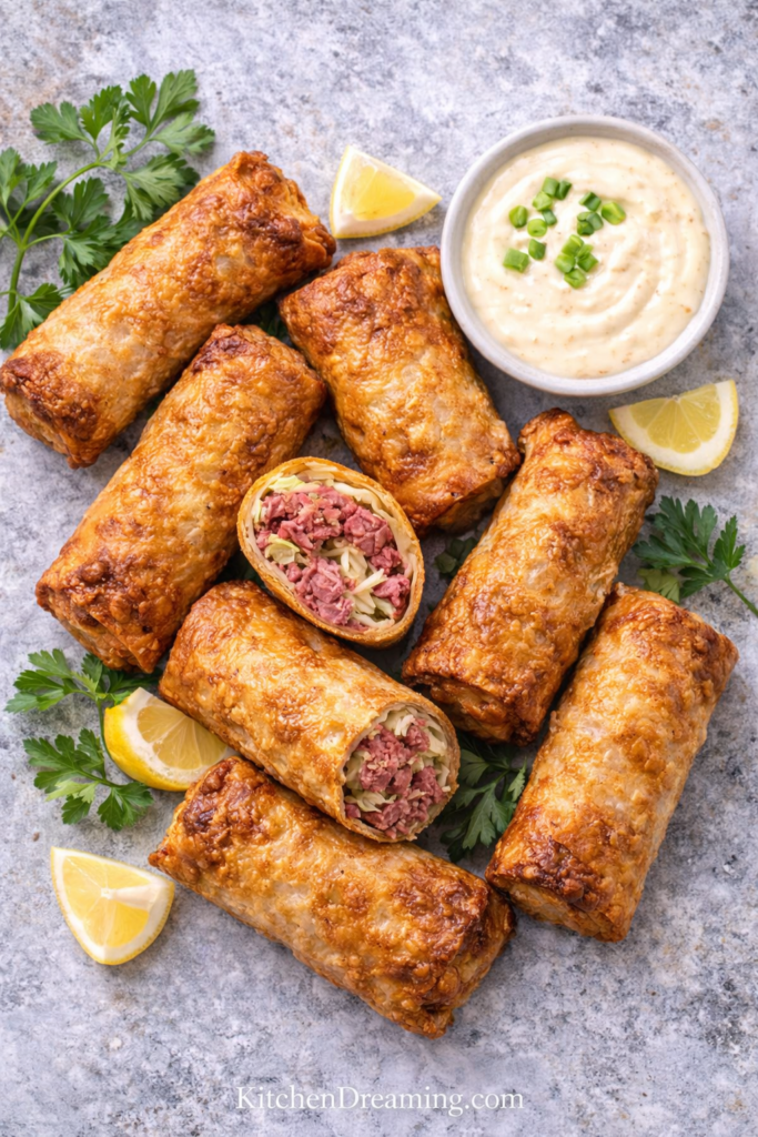 Crispy Corned Beef Egg Rolls with Creamy Horseradish Sauce 5 Leftover Corned Beef Egg Rolls repurposed into hash, eggs, and salad.