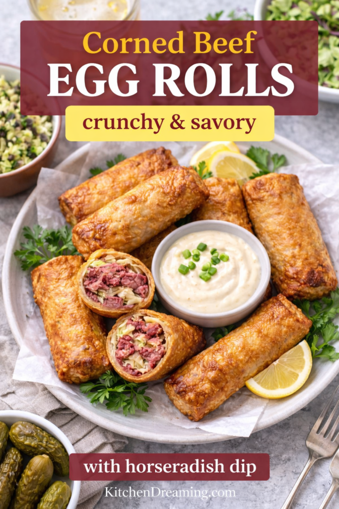 Crispy Corned Beef Egg Rolls with Creamy Horseradish Sauce 10 Golden Corned Beef Egg Rolls with tips to prevent soggy wrappers.