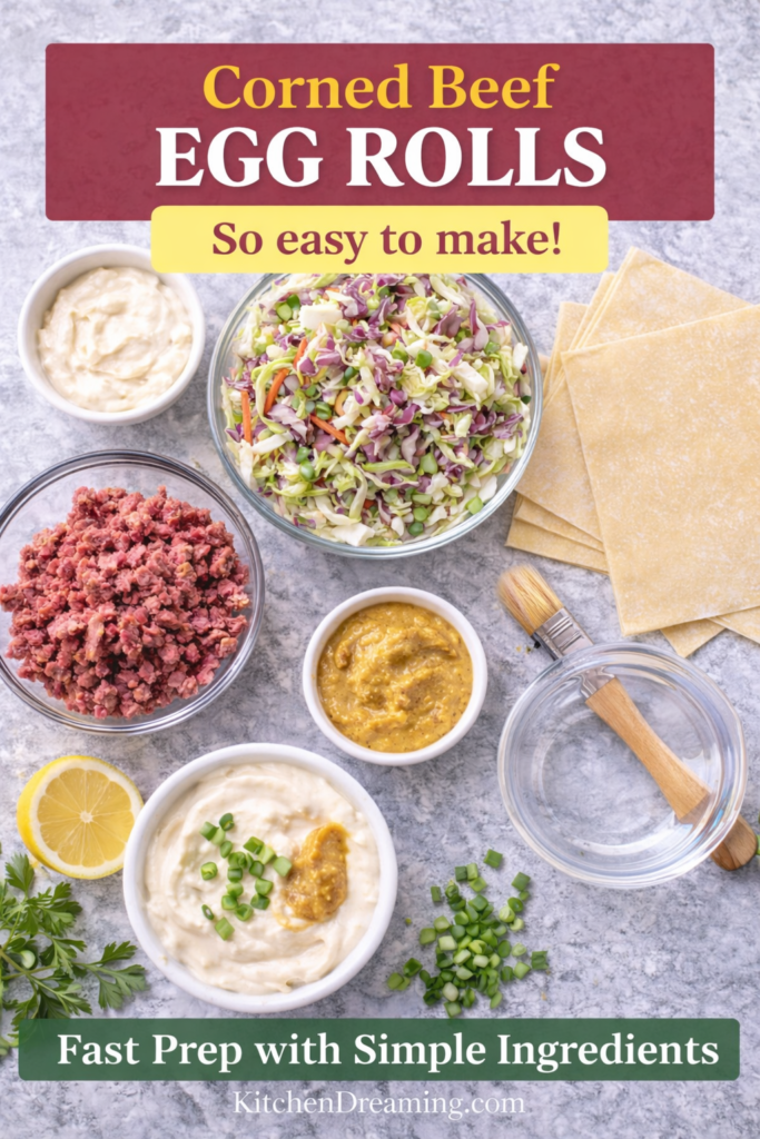 Crispy Corned Beef Egg Rolls with Creamy Horseradish Sauce 9 Step-by-step process of making Corned Beef Egg Rolls from filling to frying.