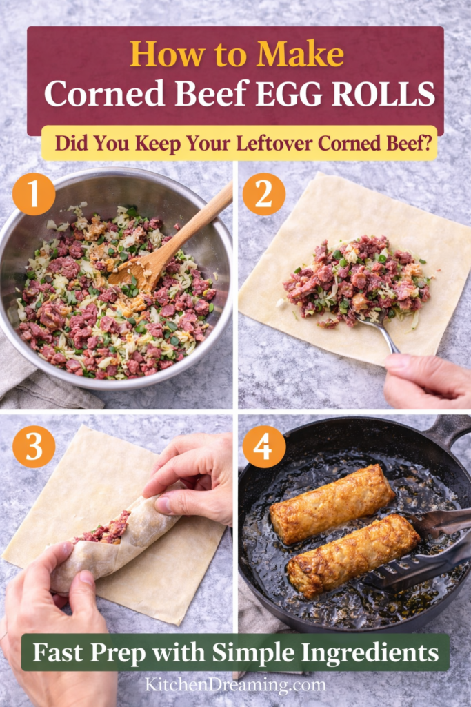 Crispy Corned Beef Egg Rolls with Creamy Horseradish Sauce 8 Ingredients for Corned Beef Egg Rolls arranged for easy homemade prep.