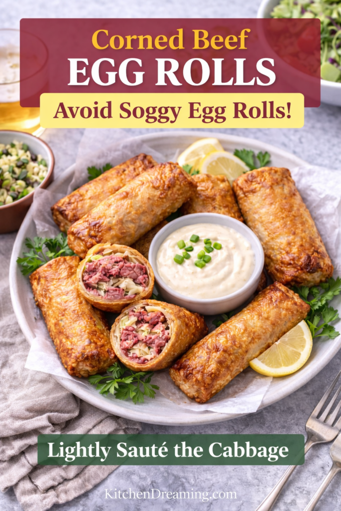 Crispy Corned Beef Egg Rolls with Creamy Horseradish Sauce 7 Crispy Corned Beef Egg Rolls served with creamy horseradish dipping sauce.