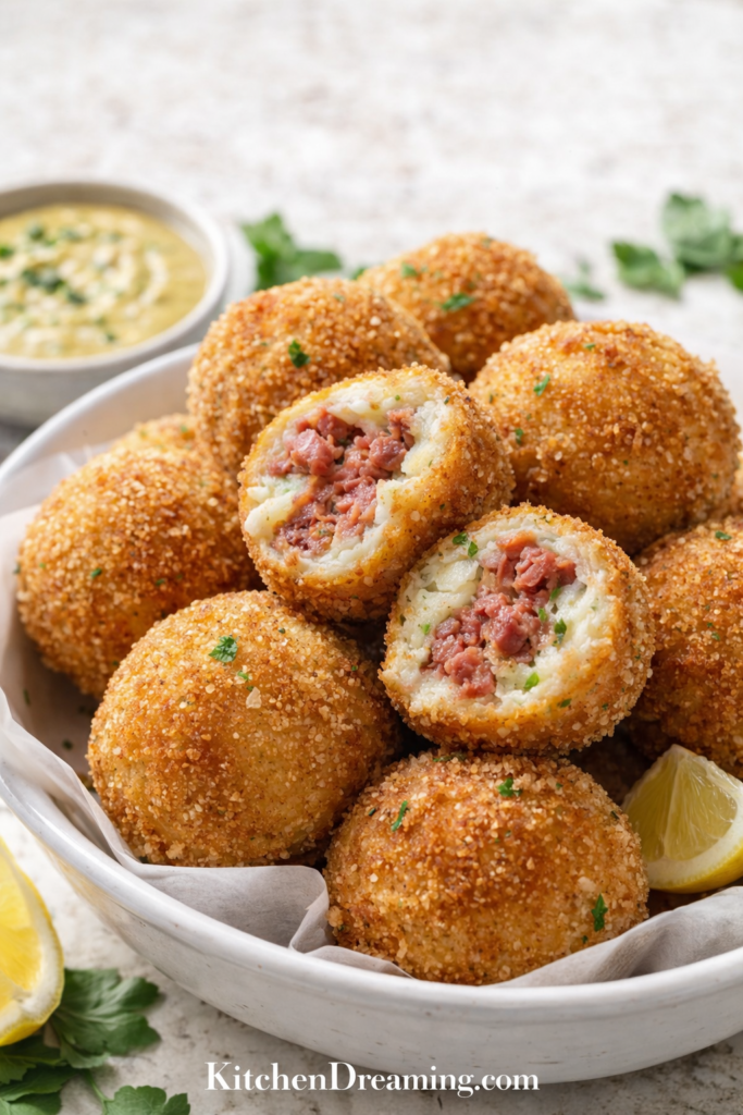 Corned Beef Stuffed Potato Balls Recipe 1 Crispy corned beef stuffed potato balls with creamy mashed potato interior and golden breadcrumb coating.
