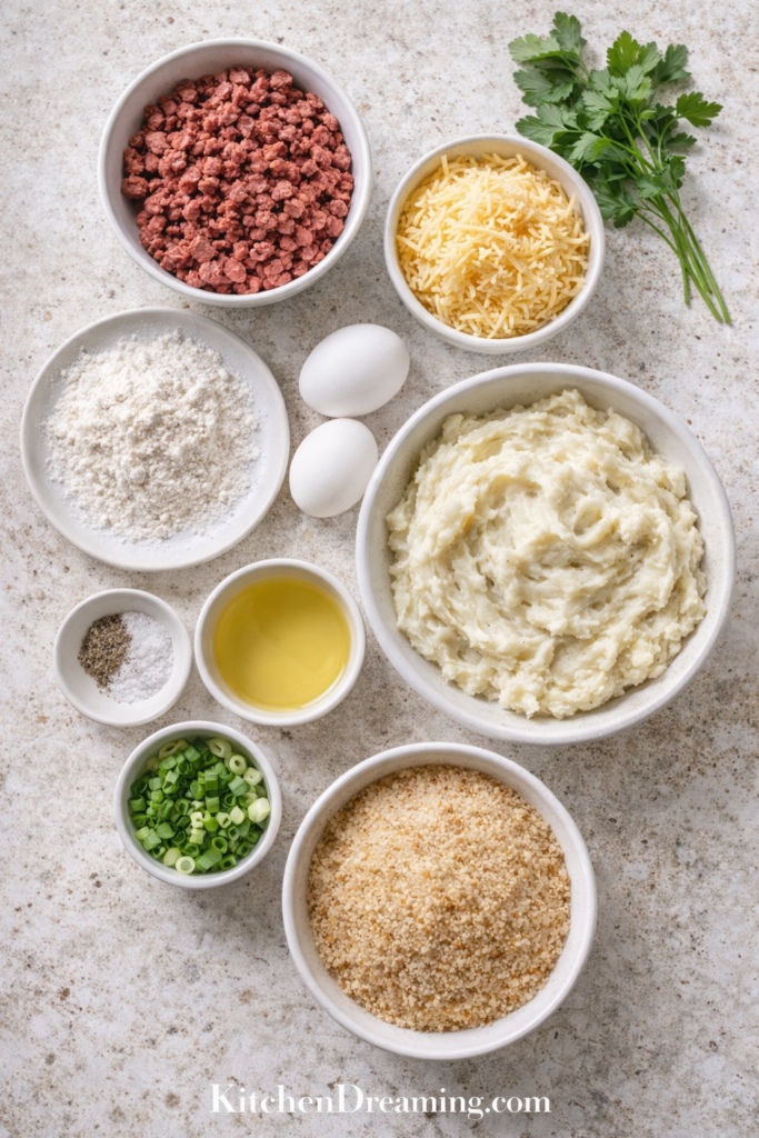 Corned Beef Stuffed Potato Balls Recipe 2 Ingredients arranged overhead for corned beef stuffed potato balls including mashed potatoes and chopped corned beef.
