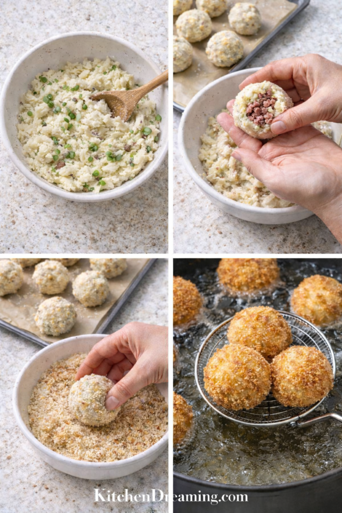 Corned Beef Stuffed Potato Balls Recipe 3 Step-by-step process of shaping and frying corned beef stuffed potato balls until golden and crisp.