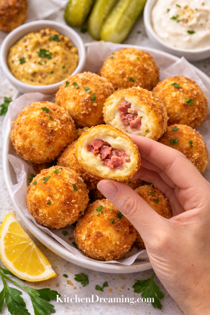 Corned Beef Stuffed Potato Balls Recipe 4 Overhead platter of corned beef stuffed potato balls served with dipping sauces and garnishes.