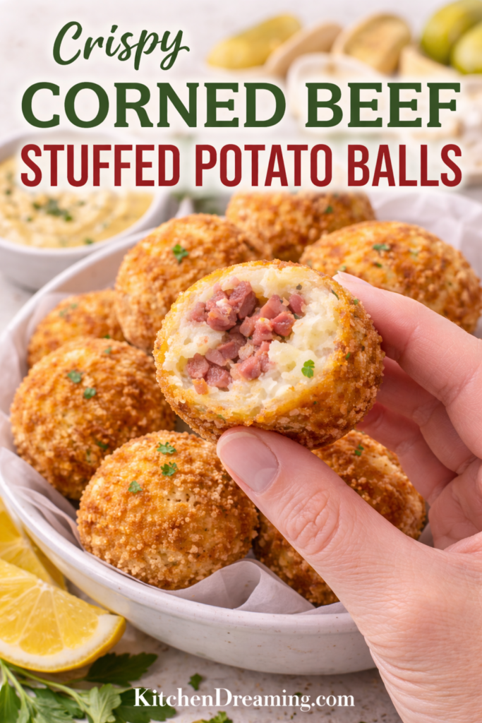 Corned Beef Stuffed Potato Balls Recipe 8 Hand holding corned beef stuffed potato balls showing creamy mashed potato interior and crispy coating.
